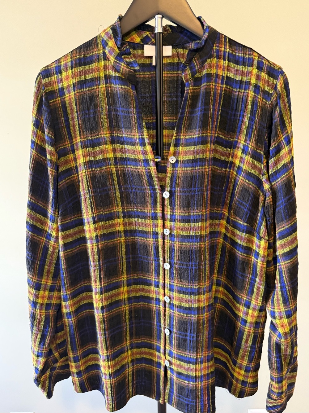 NWOT J. Jill Plaid Button-Down Shirt in Black Navy Chartreuse Sz M (21.5" P2P)